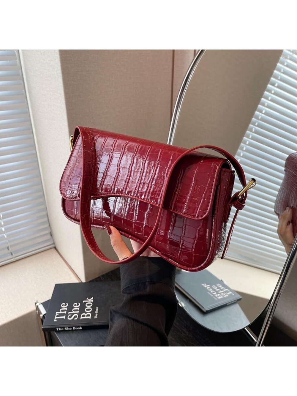 👜Women's Alligator Red PU Leather Tote Shoulder Handbag 2 Removable Straps Bag